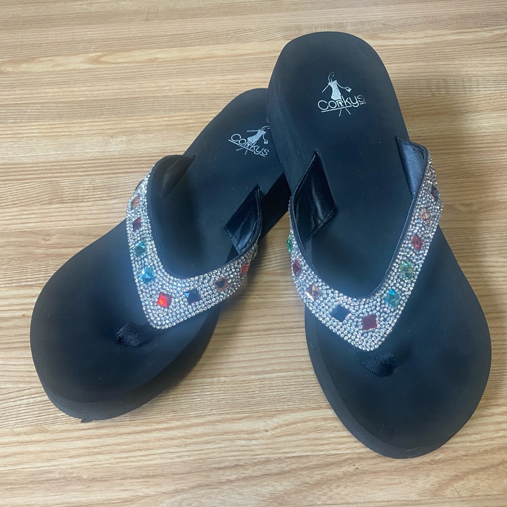 Corkys Black and Silver Sandals with Thong Design